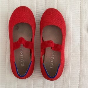 Rothy's Red Girls Knit Mary Jane Flats with Blue Heel Trim